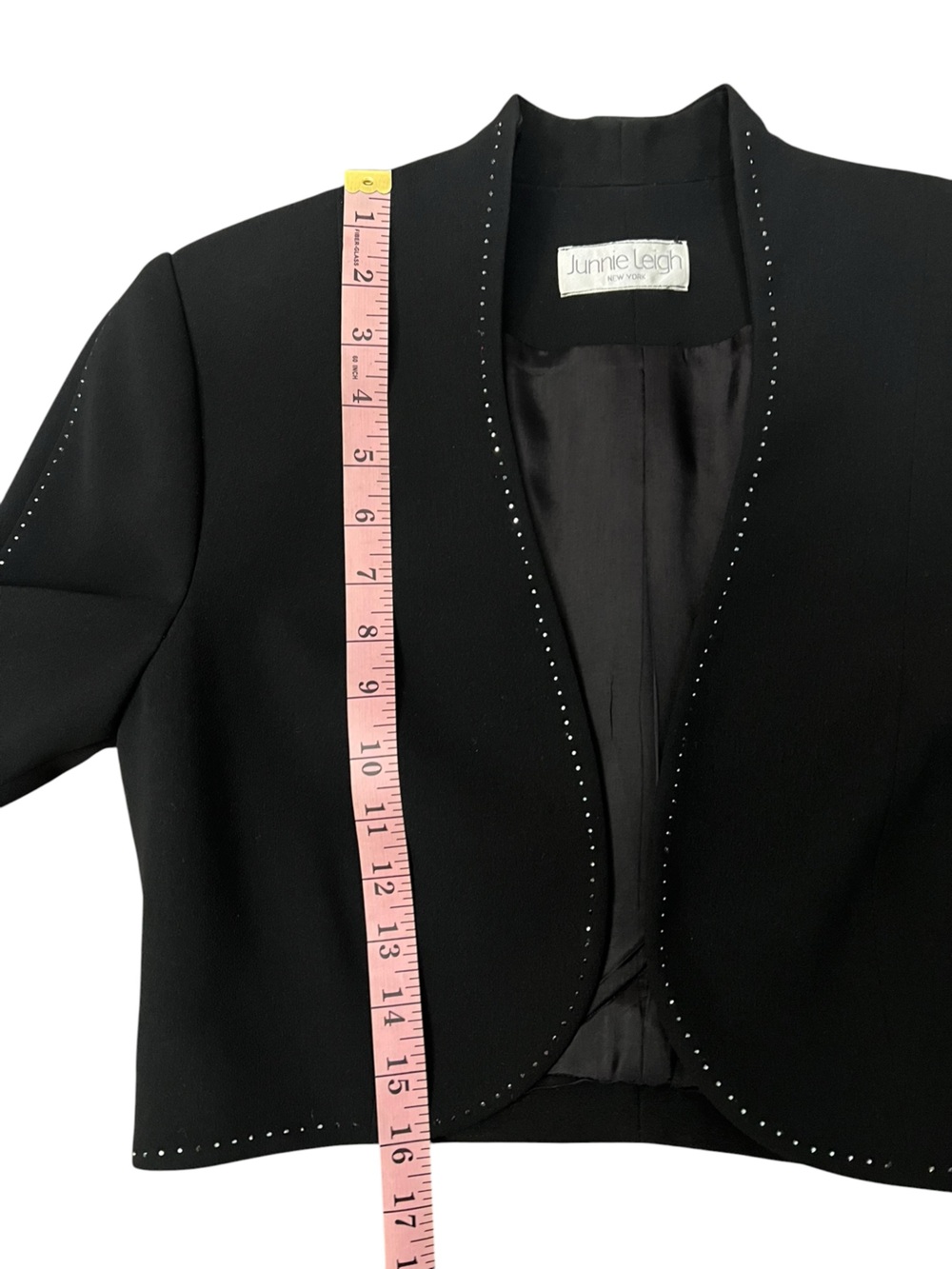 Black Open-Front Bolero Jacket with Sheer Ruffle Sleeves and Crystal details - Picture 6 of 7